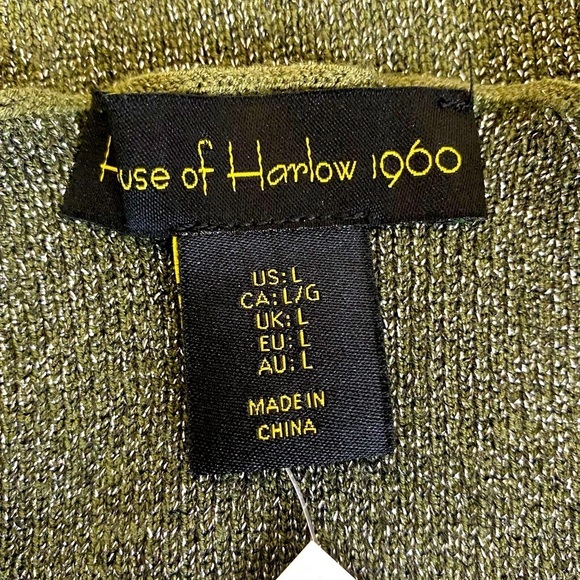House Of Harlow 1960 Silver Metallic Shimmer Moss Green Stretch Knit Top Size L - Picture 7 of 11